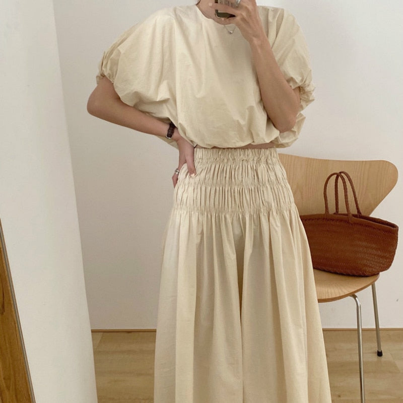 Oversized Summer Vintage 2 Two Piece Skirts Sets Women Outfits Puff Sleeve Crop Top and Elastic Waist Pleat Long A-line Skirt