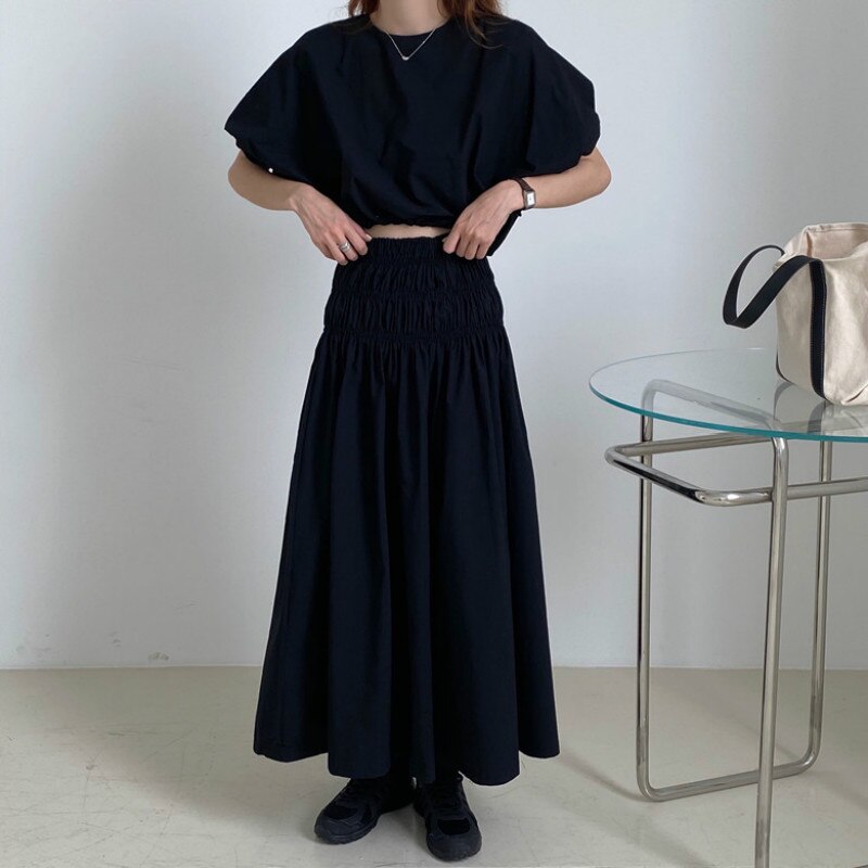 Oversized Summer Vintage 2 Two Piece Skirts Sets Women Outfits Puff Sleeve Crop Top and Elastic Waist Pleat Long A-line Skirt