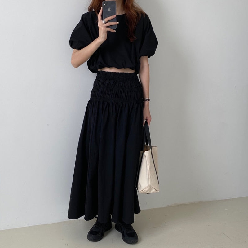 Oversized Summer Vintage 2 Two Piece Skirts Sets Women Outfits Puff Sleeve Crop Top and Elastic Waist Pleat Long A-line Skirt