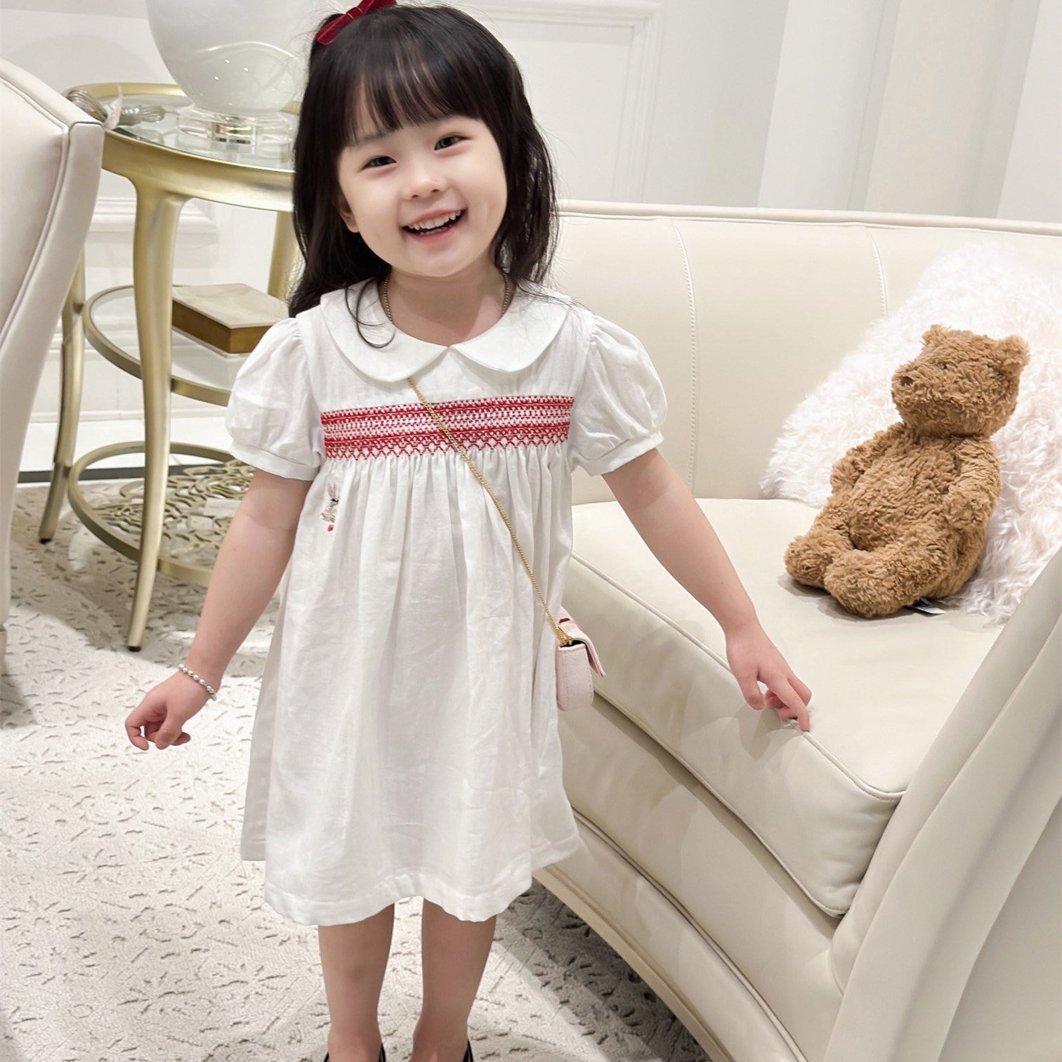 Pre-sale Sent in February Summer Girls Short Sleeve Dress Rabbit Pattern Letter Embroidery Handmade Pleated Dress