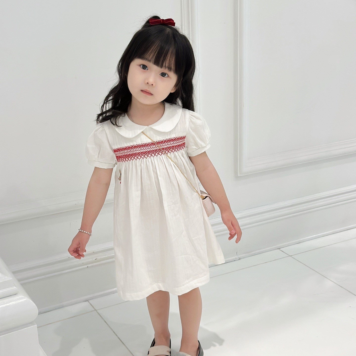 Pre-sale Sent in February Summer Girls Short Sleeve Dress Rabbit Pattern Letter Embroidery Handmade Pleated Dress