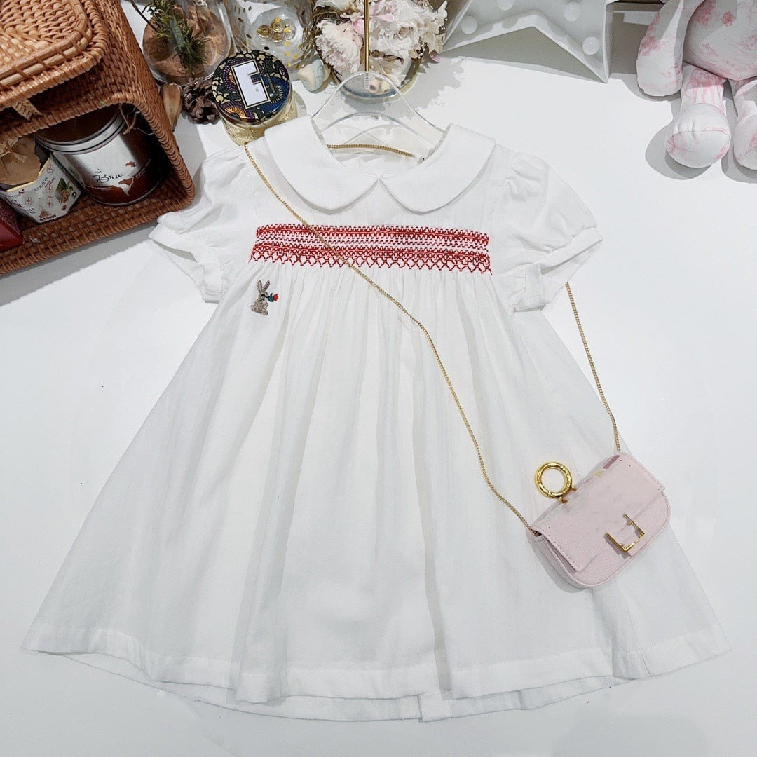 Pre-sale Sent in February Summer Girls Short Sleeve Dress Rabbit Pattern Letter Embroidery Handmade Pleated Dress