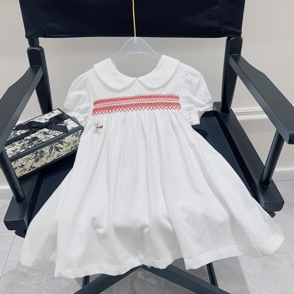 Pre-sale Sent in February Summer Girls Short Sleeve Dress Rabbit Pattern Letter Embroidery Handmade Pleated Dress