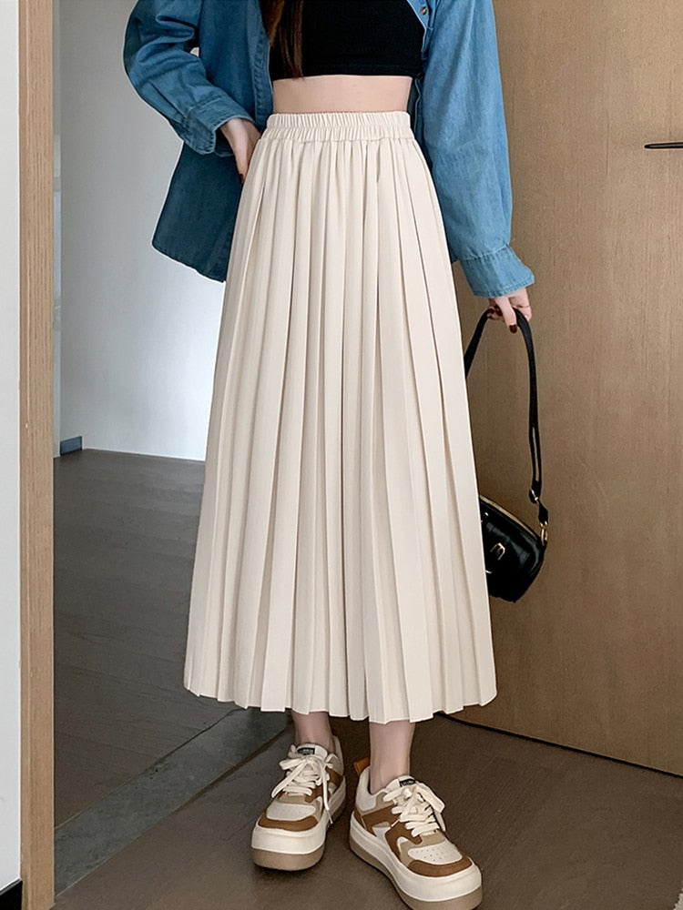 TIGENA Women Pleated Long Skirt 2023 Spring Vintage Elegant Casual Solid All-match A Line Elastic High Waist Maxi Skirt Female