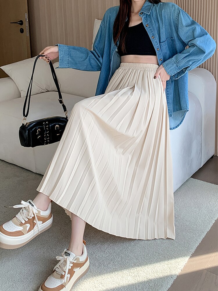 TIGENA Women Pleated Long Skirt 2023 Spring Vintage Elegant Casual Solid All-match A Line Elastic High Waist Maxi Skirt Female