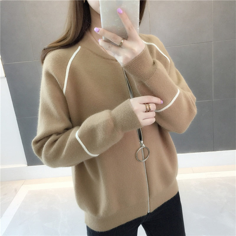 Women Sweater 2023 New Arrival Autumn And Winter Loose Zipper Female Knitted Cardigan Coat Black Blue Gray Korean style A66