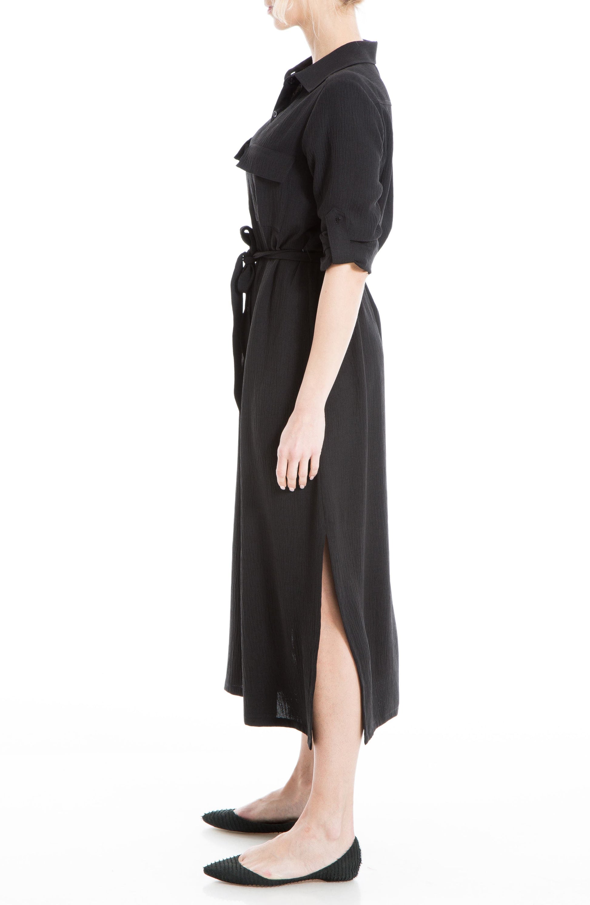 MAX STUDIO Tab Sleeve Button-Down Midi Dress, Alternate, color, BLACK118