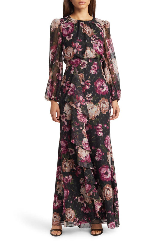 ELIZA J Floral Metallic Long Sleeve Maxi Dress