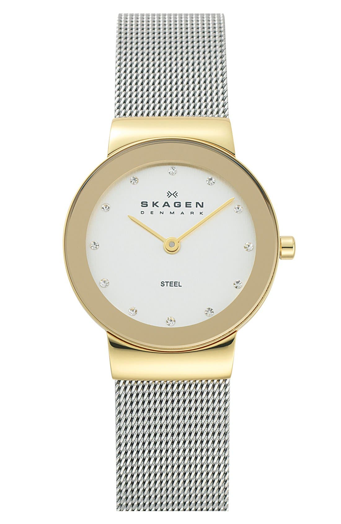 SKAGEN 'Freja' Mirror Bezel Mesh Strap Watch, 26mm, Main, color, GOLD/ SILVER