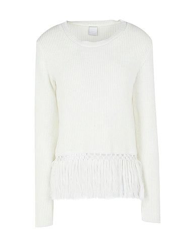 8 by YOOX Sweater COTTON CREW-NECK FRINGE KNIT SWEATER
 White 100% Cotton