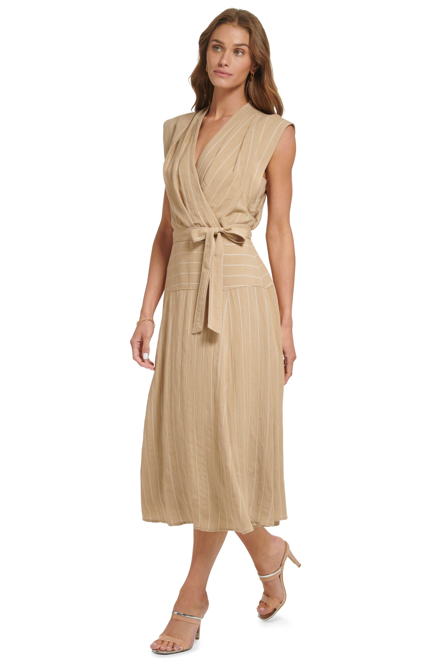 DKNY Pinstripe Linen & Cotton Maxi Dress, Alternate, color, KHAKI/ IVORY